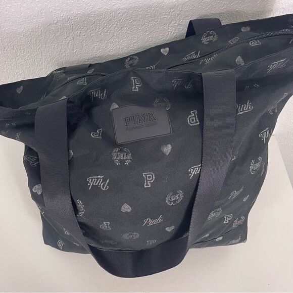 Victoria’s Secret Pink Black Monogram Logo Zipper Close Tote Bag - Picture 3 of 6